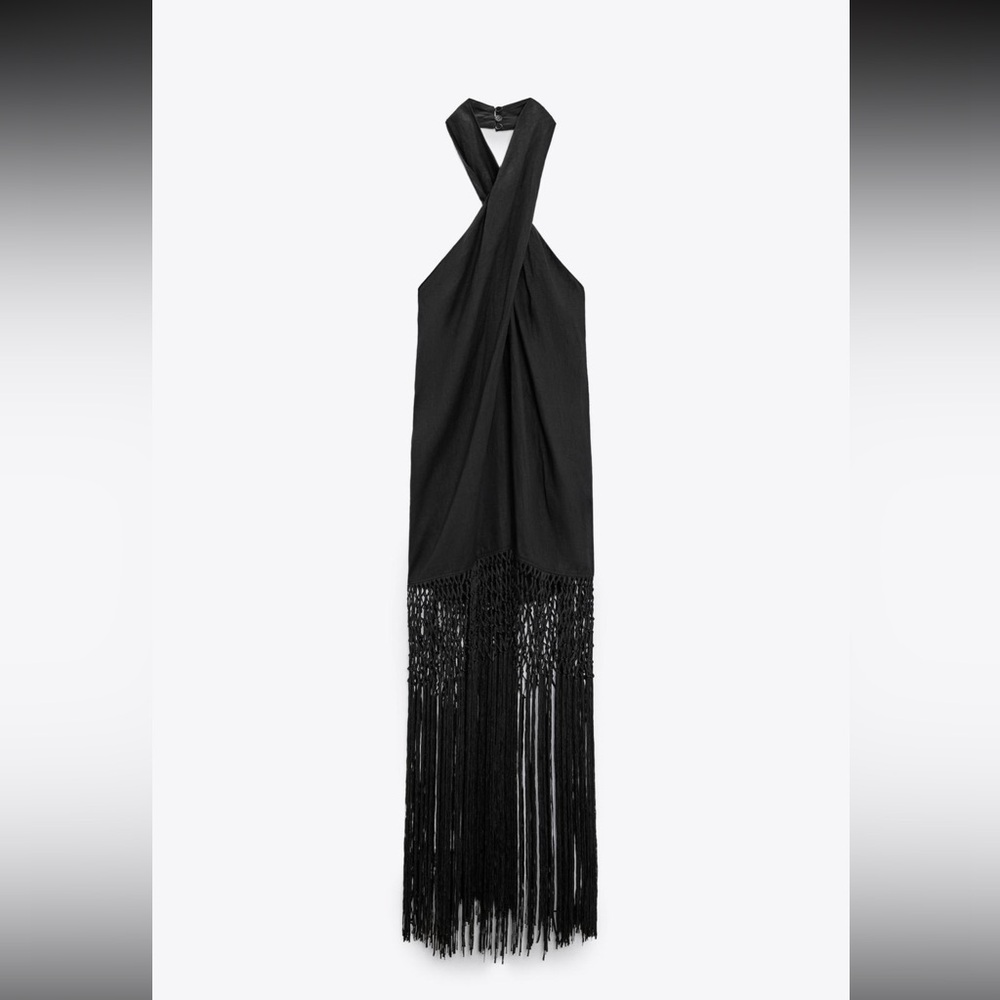 Zara backless black linen dress with fringe, New.